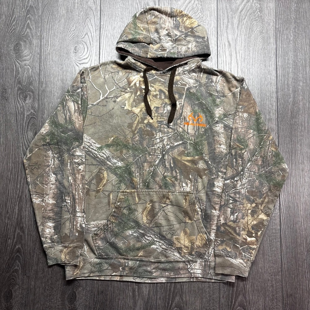 Realtree Mens Medium Camo Hoodie Orange Logo Pullover Sweatshirt Hunting Fishing